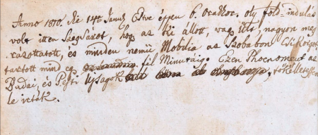 1810-es zalaszegvári bejegyzés a móri földrengésről Ortelius történeti könyvének lapján