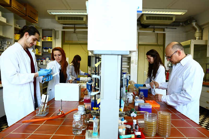 Prof. Dr. Papp Tamás (jobbról) munkatársaival, a HUN-REN-SZTE Gombafertőzések Patomechanizmusai Kutatócsoport laboratóriumában